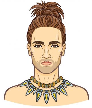 Animasyon şık bir saç modeli ile genç çekici sakallı adam portresi. Beyaz bir arka plan üzerinde izole vektör çizim. Baskı, poster, tişört, kart.