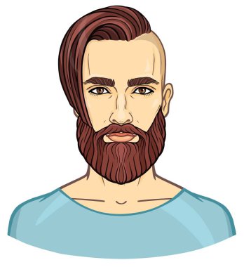 Animasyon şık bir saç modeli ile genç çekici sakallı adam portresi. Beyaz bir arka plan üzerinde izole vektör çizim. Baskı, poster, tişört, kart.