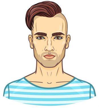 Animasyon şık bir saç modeli ile çekici bir genç adam portresi. Beyaz bir arka plan üzerinde izole vektör çizim. Baskı, poster, tişört, kart.