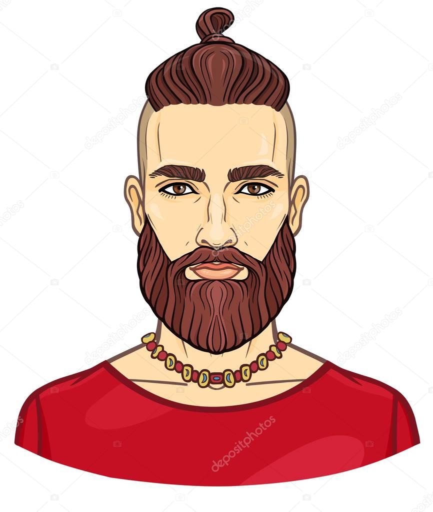 Animation portrait of the young attractive bearded man with a stylish hairstyle. Vector illustration isolated on a white background. Print, poster, t-shirt, card.