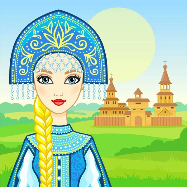 Animation Portrait Young Beautiful Russian Girl Ancient National Clothes Fairy — Stock Vector