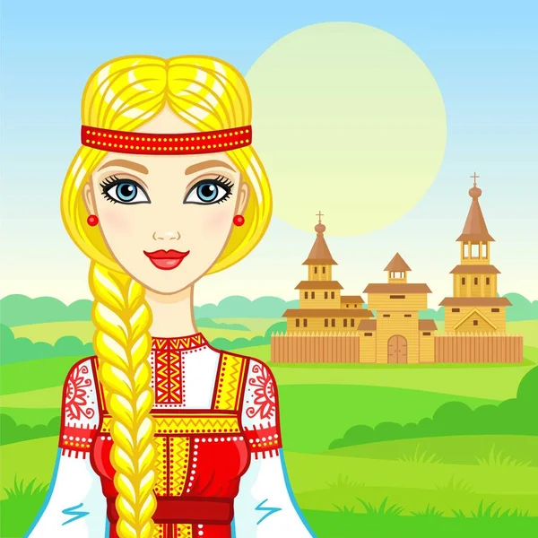 Animationsporträt Der Jungen Schönen Russischen Mädchen Alten Nationalkleidern Märchenfigur Hintergrund — Stockvektor