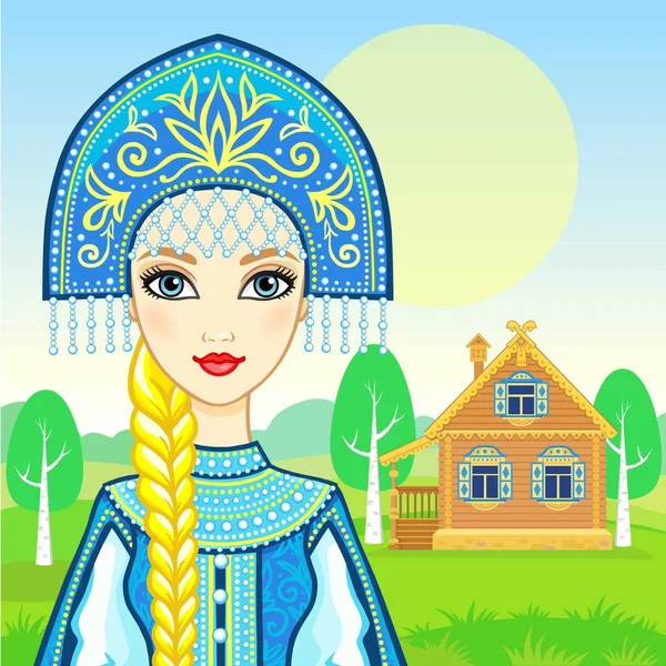 Animation Portrait Young Beautiful Russian Girl Ancient National Clothes Fairy — Stock Vector