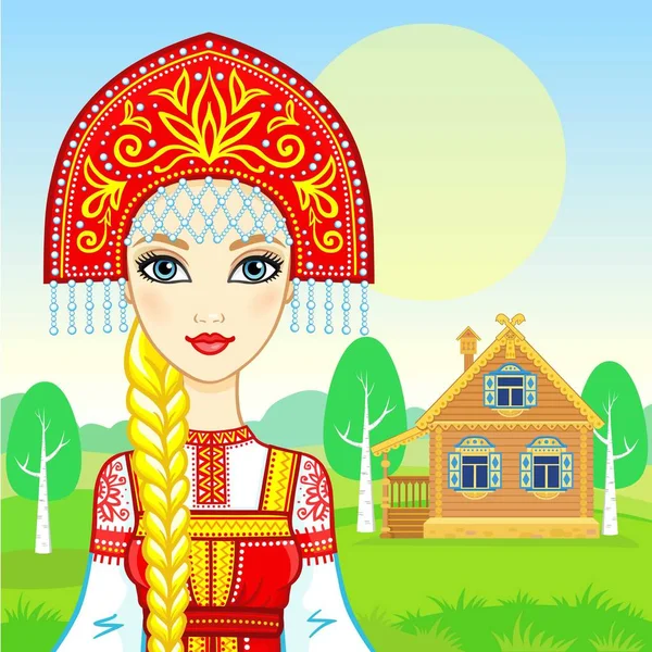 Анимационный Портрет Молодой Красивой Русской Девушки Старинной Национальной Одежде Сказочный — стоковый вектор