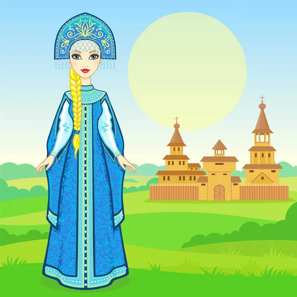 Animation Πορτρέτο Της Νεαρή Κοπέλα Όμορφη Ρωσική Στην Αρχαία Εθνική — Διανυσματικό Αρχείο
