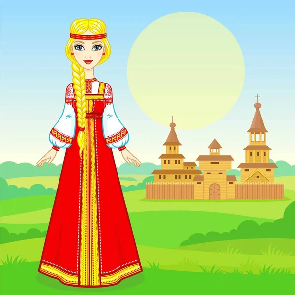 Animáció Portrét Fiatal Gyönyörű Orosz Lány Ősi Nemzeti Ruhák Teljes — Stock Vector