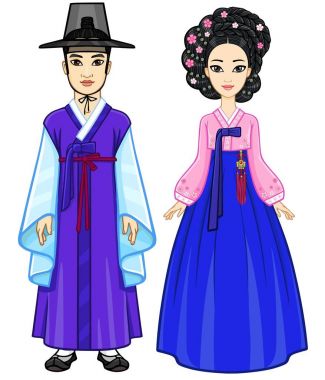Animasyon portre genç Korece aile eski geleneksel giysiler içinde. Tam büyüme. Beyaz bir arka plan üzerinde izole vektör çizim.