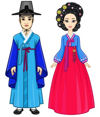 Animasyon portre genç Korece aile eski geleneksel giysiler içinde. Tam büyüme. Beyaz bir arka plan üzerinde izole vektör çizim.
