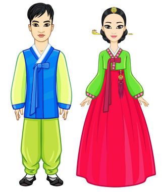 Animasyon portre genç Korece aile eski geleneksel giysiler içinde. Tam büyüme. Beyaz bir arka plan üzerinde izole vektör çizim.