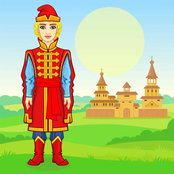 Animation Πορτρέτο Του Ρωσικού Νεαρού Πλούσια Αρχαία Ρούχα Πλήρης Ανάπτυξη — Διανυσματικό Αρχείο