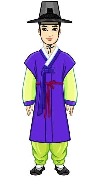 Animaci Portrét Mladé Krásné Korejského Chlapce Starobylé Tradiční Oblečení Plné — Stockový vektor