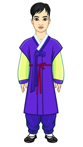 Retrato Animação Jovem Belo Menino Coreano Roupas Tradicionais Antigas Crescimento — Vetor de Stock