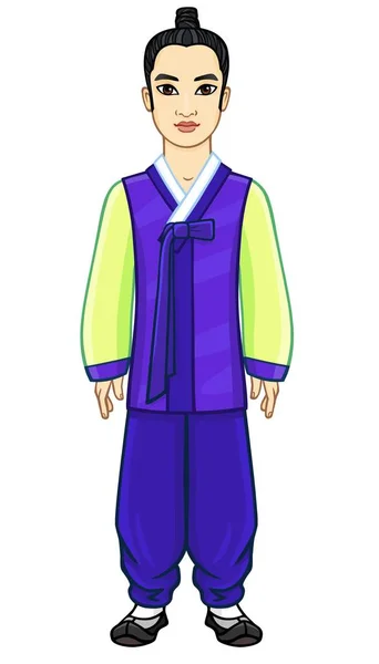 Animaci Portrét Mladé Krásné Korejského Chlapce Starobylé Tradiční Oblečení Plné — Stockový vektor