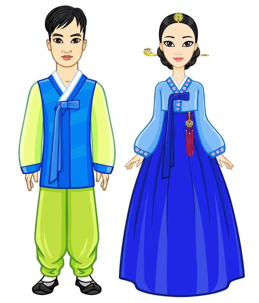 Retrato Animación Joven Familia Coreana Ropa Tradicional Antigua Crecimiento Total — Vector de stock