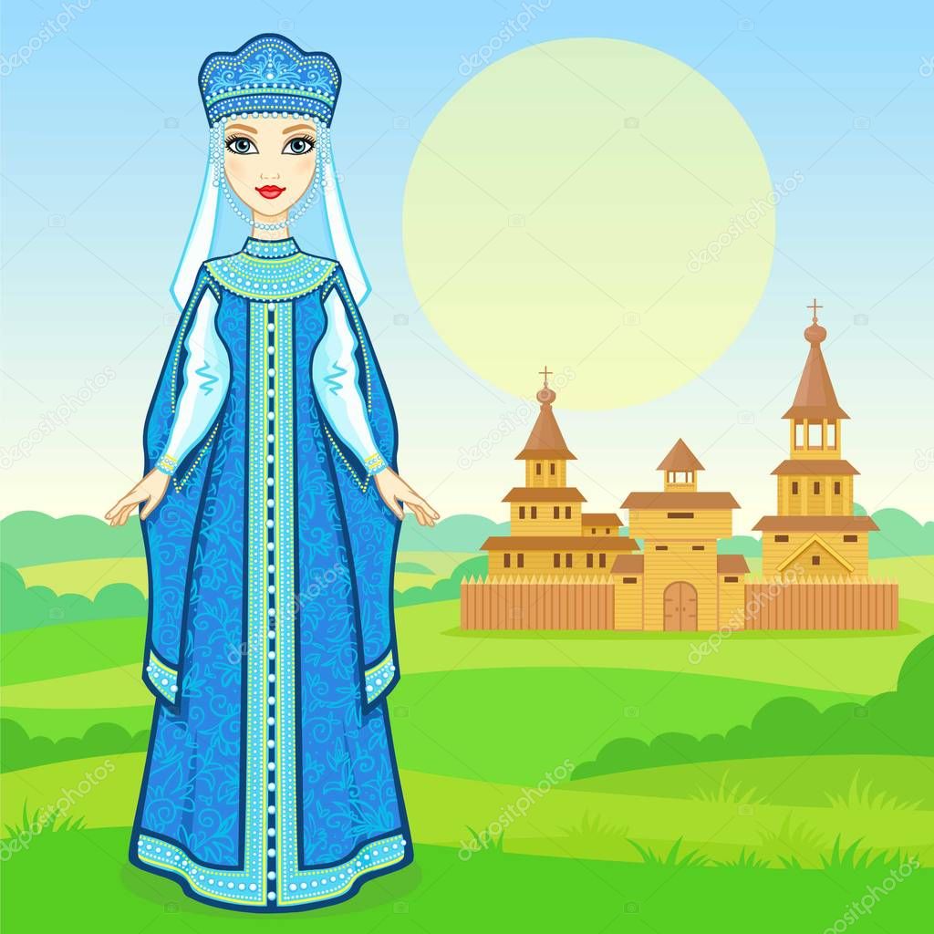 Animation portrait of the young beautiful Russian girl in ancient national clothes. Full growth. Fairy tale character. Background - a summer landscape, the ancient wooden palace. Vector illustration.