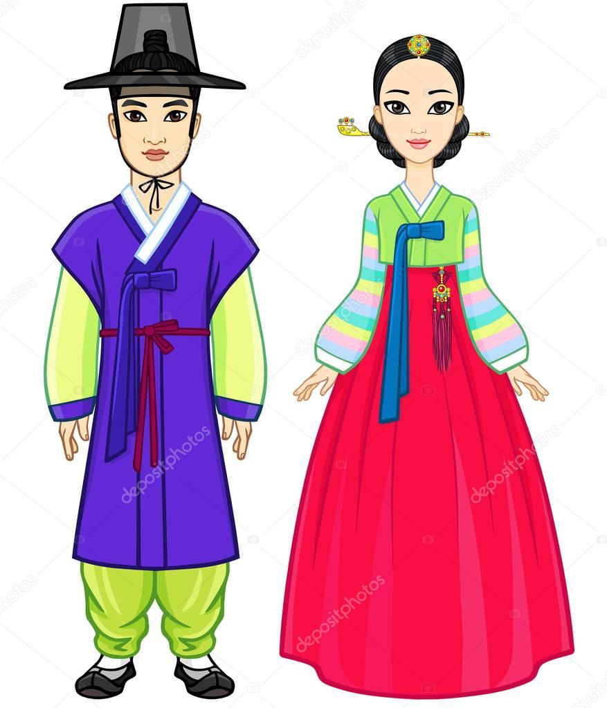 Animation portrait young the Korean family in ancient traditional clothes. Full growth. The vector illustration isolated on a white background.