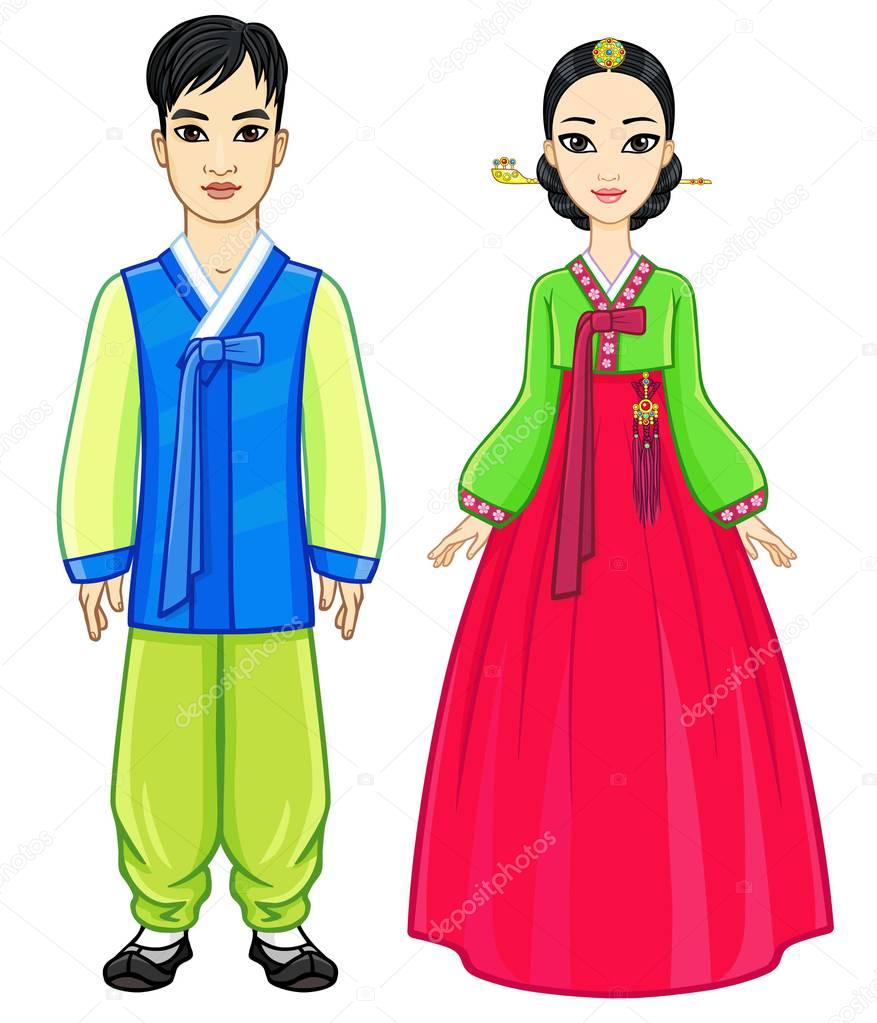 Animation portrait young the Korean family in ancient traditional clothes. Full growth. The vector illustration isolated on a white background.