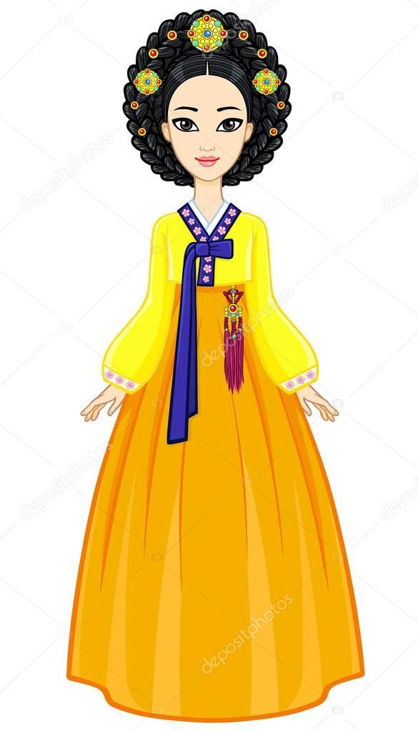 Animation portrait of the young Korean girl in an ancient suit. Full growth. Vector illustration isolated on a white background.