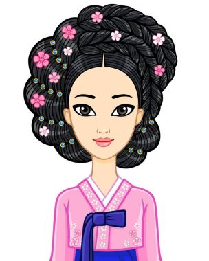 Asya Güzeli. Animasyon antik giysili genç Koreli kız portresi. Tarihsel saç modeli. Beyaz bir arka plan üzerinde izole vektör çizim.