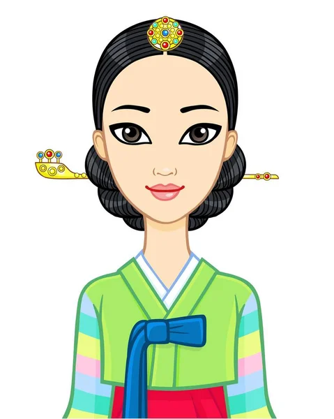 アジアの美しさ 古代の服の若い韓国人の女の子の肖像画アニメーション 歴史的な髪型 白い背景で隔離のベクトル図 — ストックベクタ