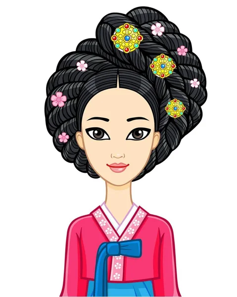 Asian Beauty Animation Portrait Young Korean Girl Ancient Clothes Historical — Stock Vector