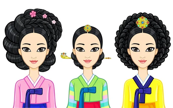 アジアの美しさ 歴史的なヘアスタイルで服を古代韓国少女のアニメーション肖像画のセットします 白い背景で隔離のベクトル図 — ストックベクタ