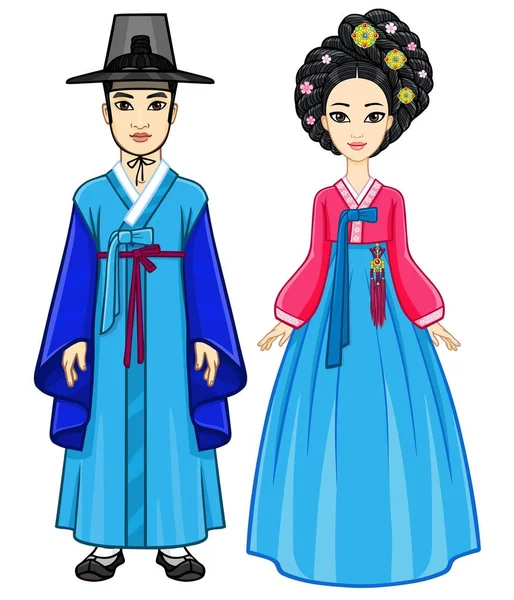 Animationsporträt Einer Jungen Schönen Koreanischen Familie Alter Traditioneller Kleidung Volles — Stockvektor