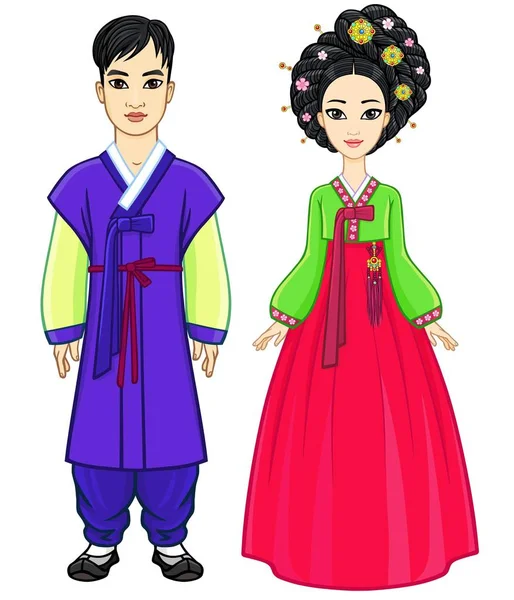 古代の伝統的な服の若い美しい韓国家族の肖像画アニメーション 完全な成長 白い背景で隔離のベクトル図 — ストックベクタ