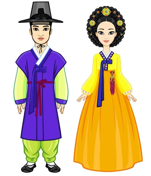 Анимационный Портрет Молодой Красивой Корейской Семьи Старинной Традиционной Одежде Полный — стоковый вектор