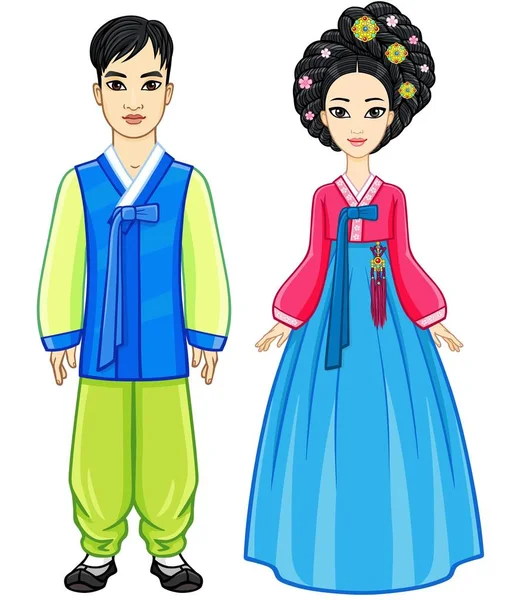 古代の伝統的な服の若い美しい韓国家族の肖像画アニメーション 完全な成長 白い背景で隔離のベクトル図 — ストックベクタ