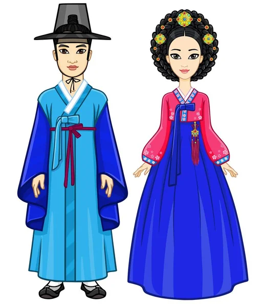 Animatie Portret Van Jonge Mooie Koreaanse Familie Antieke Traditionele Kleding — Stockvector