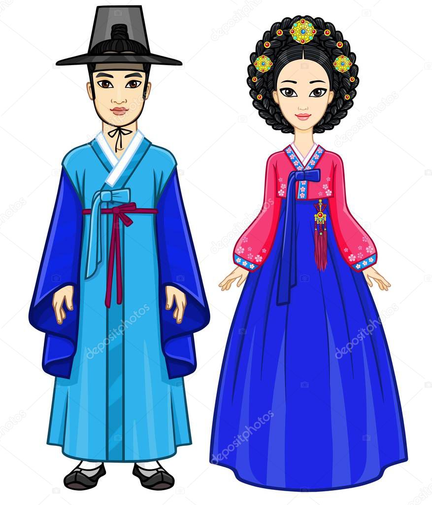 Animation portrait of young beautiful Korean family in ancient traditional clothes. Full growth. Vector illustration isolated on a white background.