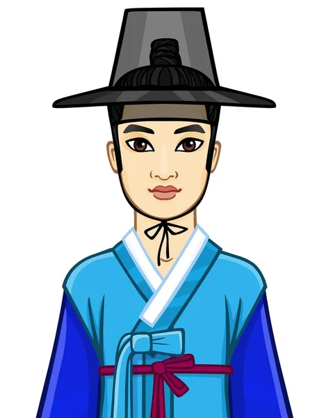 Animasi Potret Pemuda Menarik Anak Muda Korea Dalam Setelan Kuno - Stok Vektor