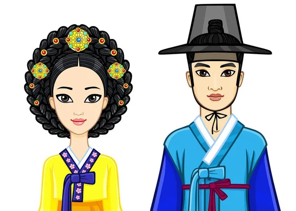 Portrait Animation Jeune Belle Famille Coréenne Vêtements Traditionnels Anciens Illustration — Image vectorielle