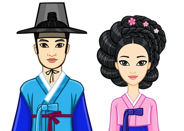 Animasyon eski geleneksel giysiler içinde genç güzel Kore aile portresi. Beyaz bir arka plan üzerinde izole vektör çizim.