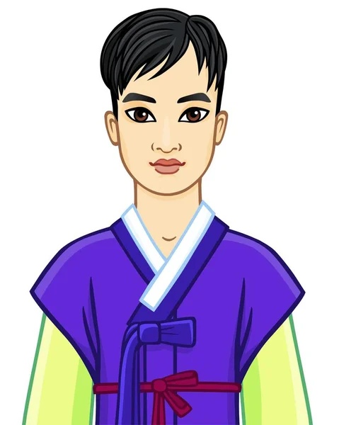 Retrato Animação Jovem Menino Coreano Atraente Terno Antigo Ilustração Vetorial — Vetor de Stock