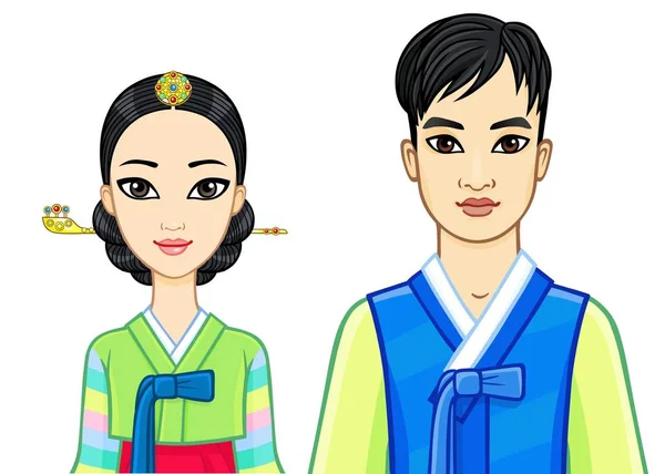 Анимационный Портрет Молодой Красивой Корейской Семьи Старинной Традиционной Одежде Векторная — стоковый вектор