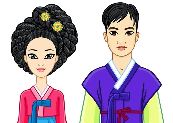 Retrato Animación Joven Hermosa Familia Coreana Ropa Tradicional Antigua Ilustración — Archivo Imágenes Vectoriales