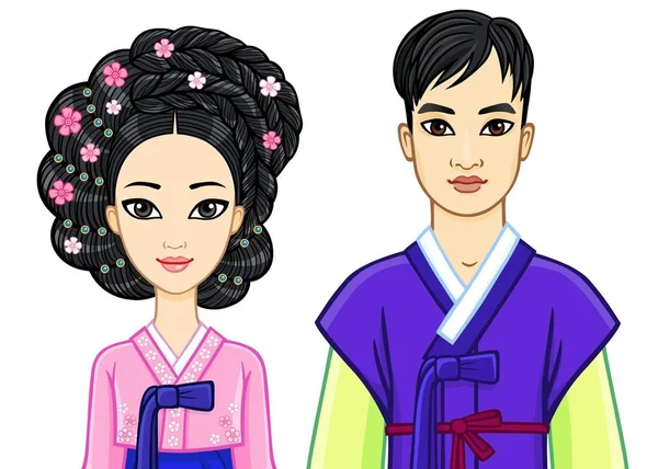 Animationsporträt Einer Jungen Schönen Koreanischen Familie Alter Traditioneller Kleidung Vektor — Stockvektor