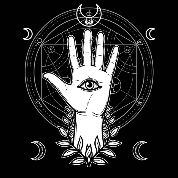 神秘的なシンボル 花輪で人間の手がすべてを見て神目 変換の錬金術円 ベクトル イラスト黒背景に分離されました ポスター シャツ カード — ストックベクタ