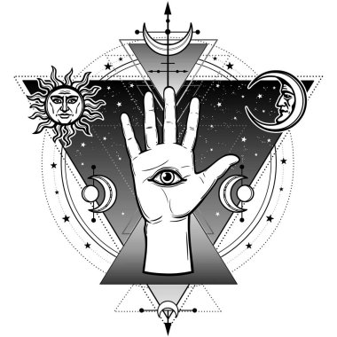 Mistik sembol: insan eli ilahi bir all-gören göz vardır. Simya, büyü, esoterics, büyü. Beyaz bir arka plan üzerinde izole vektör çizim. Baskı, poster, tişört, kart.