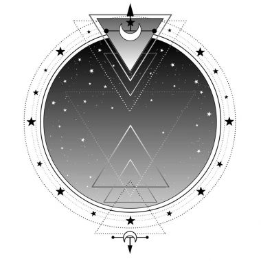 Tek renkli arka plan: gece yıldızlı gökyüzü, kutsal geometri. Metni için bir yer. Simya, büyü, ezoterik, büyü. Beyaz bir arka plan üzerinde izole vektör çizim. Baskı, poster, tişört, kart.