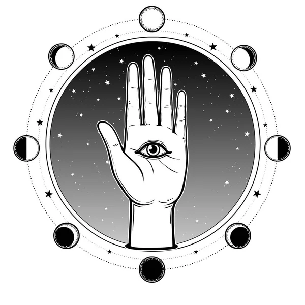 Mistyczny Symbol Ludzką Ręką Boskie Wszechwidzące Oko Świętej Geometrii Alchemia — Wektor stockowy