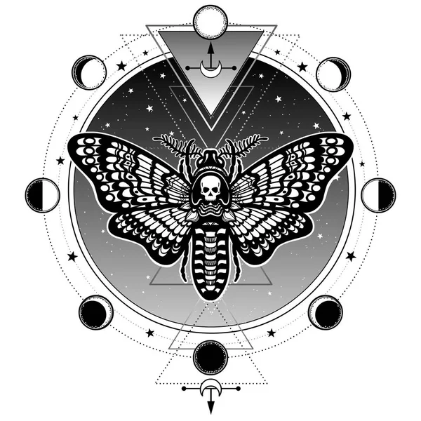 Mystisches Symbol Motte Toter Kopf Heilige Geometrie Sternenhimmel Mondphasen Alchemie — Stockvektor