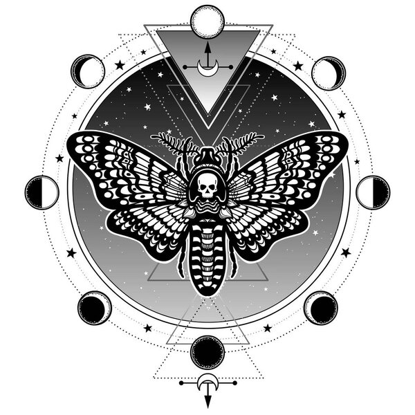  Мистический символ Мёртвая голова мотылька. Сакральная геометрия. Звездное небо, фазы луны. Алхимия, магия, эзотерика, оккультизм. Векторная иллюстрация изолирована на белом фоне. Печать, плакат, футболка, открытка
.