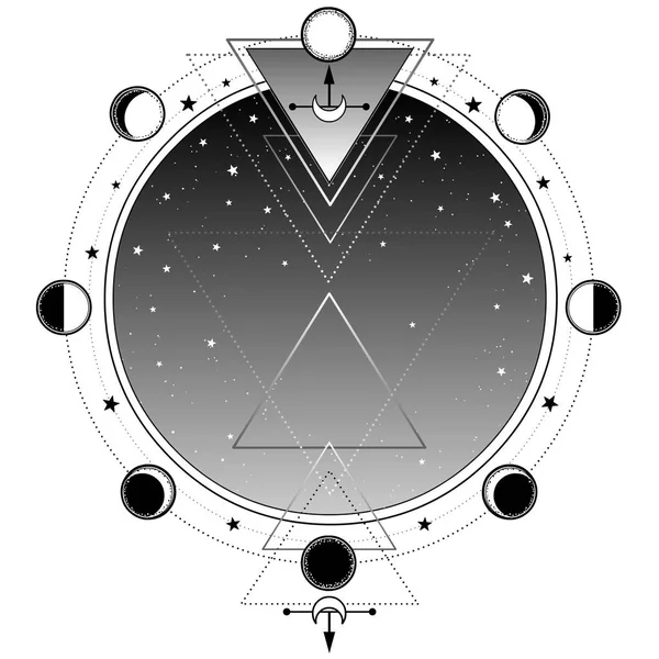 Монохромный Фон Ночное Звездное Небо Сакральная Геометрия Место Сообщения Алхимия — стоковый вектор