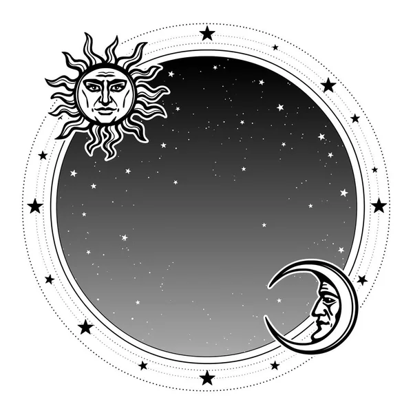 Fondo Monocromo Cielo Estrellado Nocturno Luna Sol Lugar Para Texto — Vector de stock