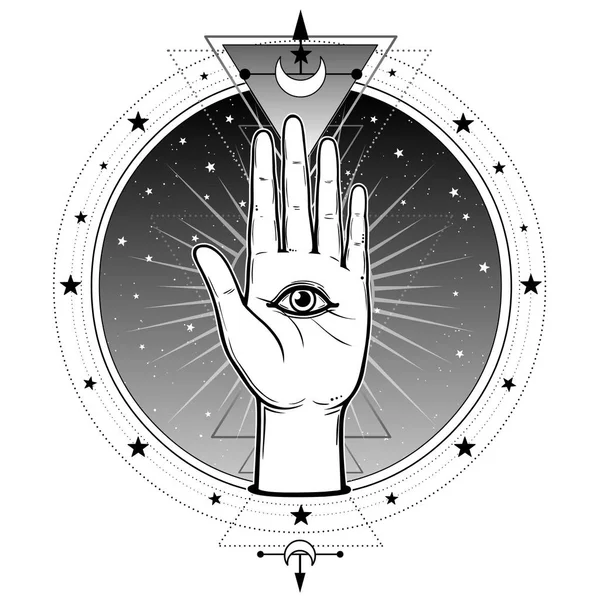 神秘的なシンボル 人間の手は神のすべてを見て目 神聖な幾何学 錬金術 マジック 難解なオカルト ベクター グラフィックは 白い背景で隔離 ポスター — ストックベクタ