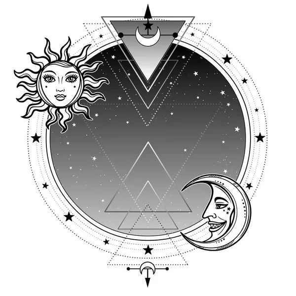 Fond Monochrome Ciel Étoilé Nocturne Lune Soleil Place Pour Texte — Image vectorielle