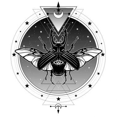 Mistik sembol boynuzlu böcek geyik. All-gören göz. Kutsal geometri. Simya, büyü, ezoterik, büyü. Beyaz bir arka plan üzerinde izole vektör çizim. Baskı, poster, tişört, kart.